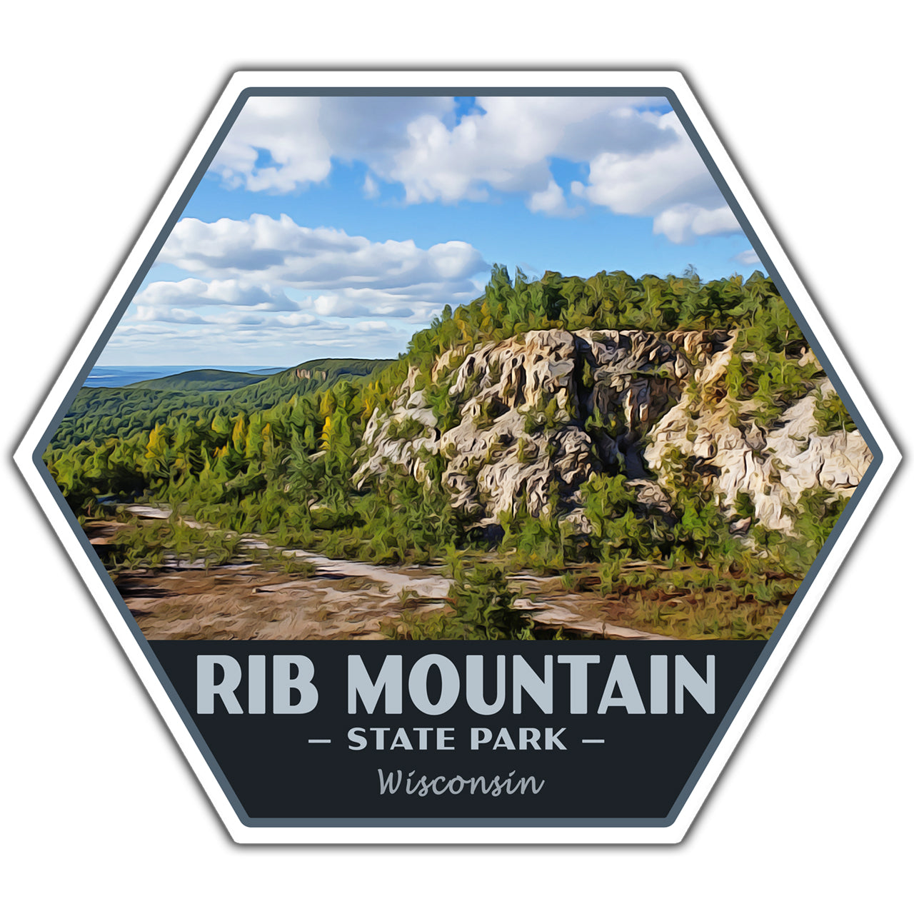 Hexagonal sticker of Rib Mountain State Park in Wisconsin with a scenic view of trees and cliffs.