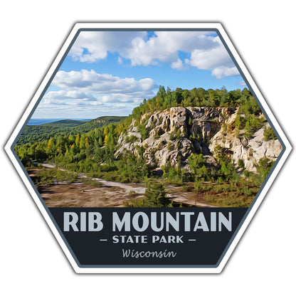 Hexagonal sticker of Rib Mountain State Park in Wisconsin with a scenic view of trees and cliffs.