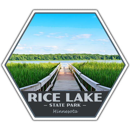 Hexagonal sticker of Rice Lake State Park in Minnesota with a wooden dock and grassy area.
