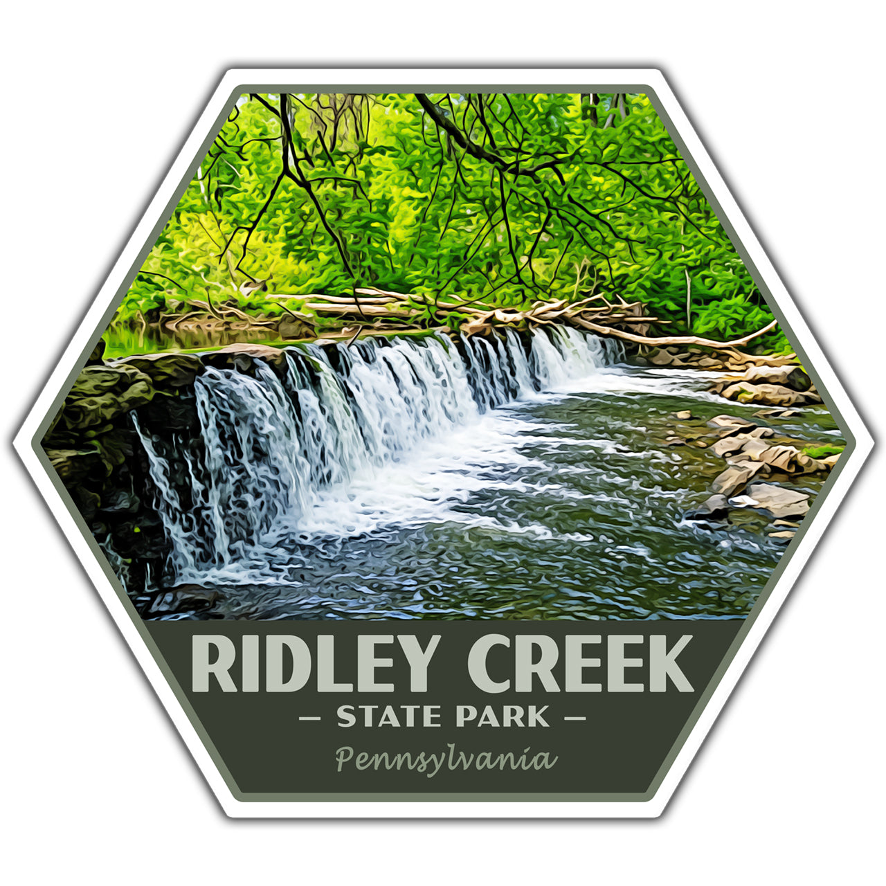 Hexagonal sticker of Ridley Creek State Park with a waterfall and greenery.