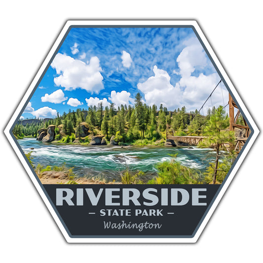 Hexagonal sticker of Riverside State Park in Washington with a scenic view of a river and trees.