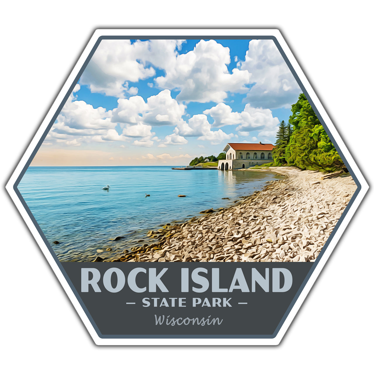 Hexagonal sticker of Rock Island State Park with a scenic view of a building by a lake.