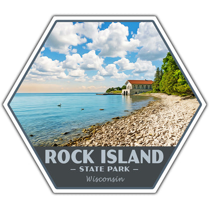 Hexagonal sticker of Rock Island State Park with a scenic view of a building by a lake.
