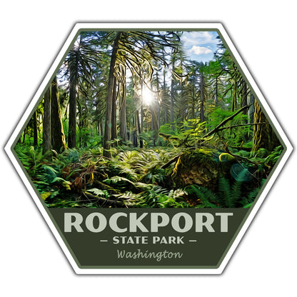 Hexagonal sticker of Rockport State Park in Washington with a forest scene.