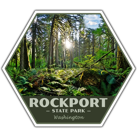 Hexagonal sticker of Rockport State Park in Washington with a forest scene.
