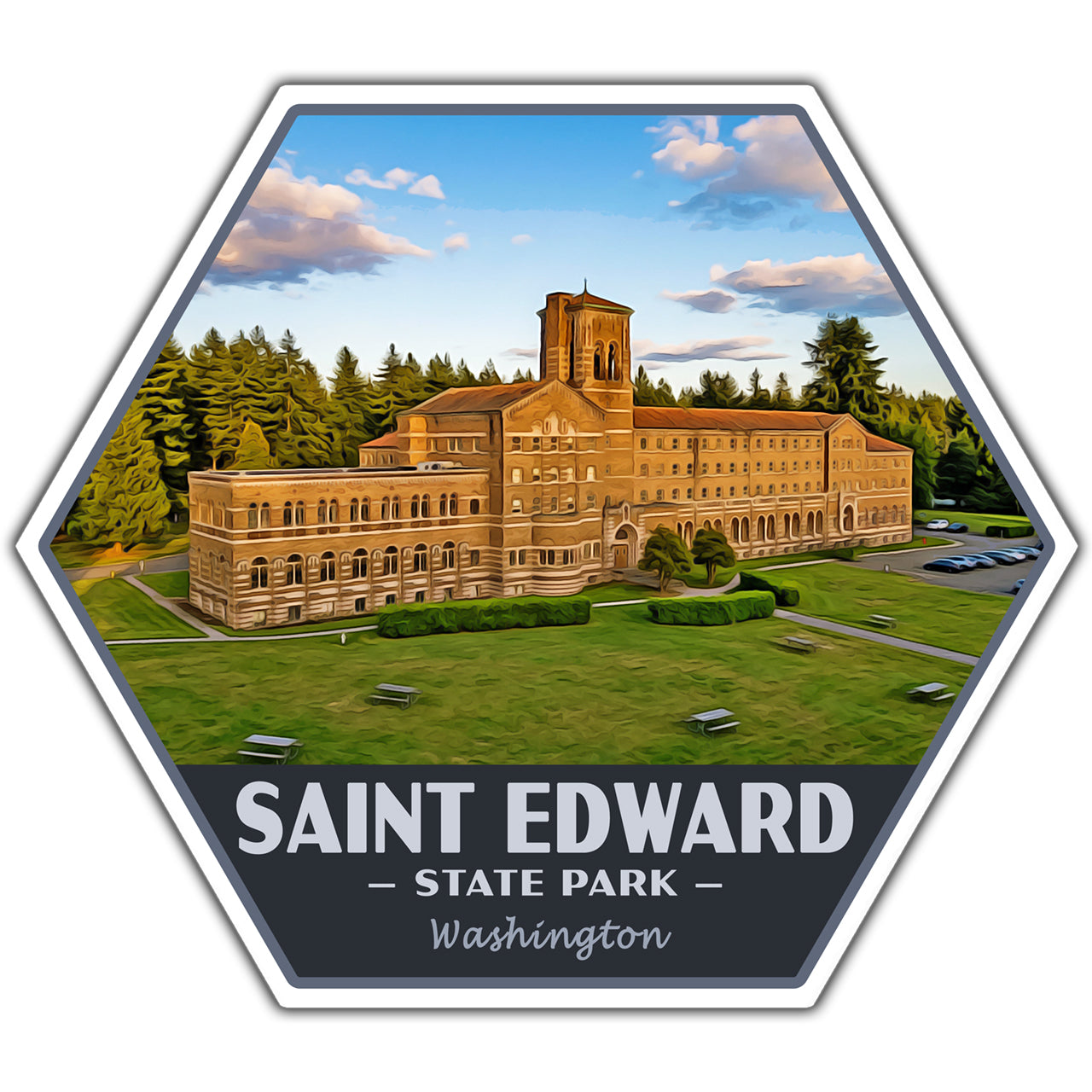 Hexagonal sticker of Saint Edward State Park with a building and greenery.