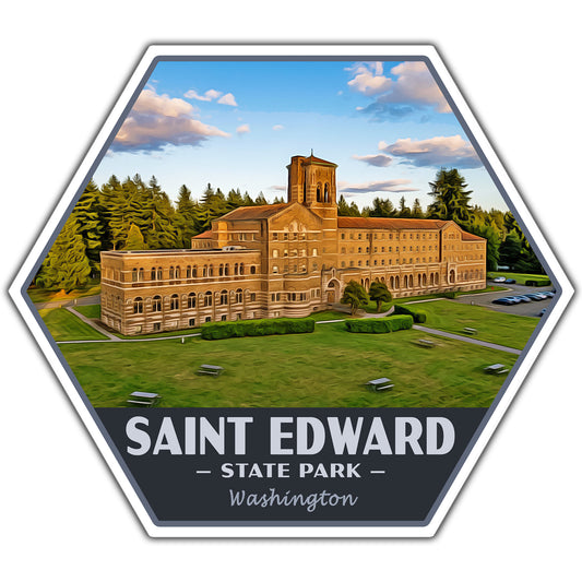 Hexagonal sticker of Saint Edward State Park with a building and greenery.