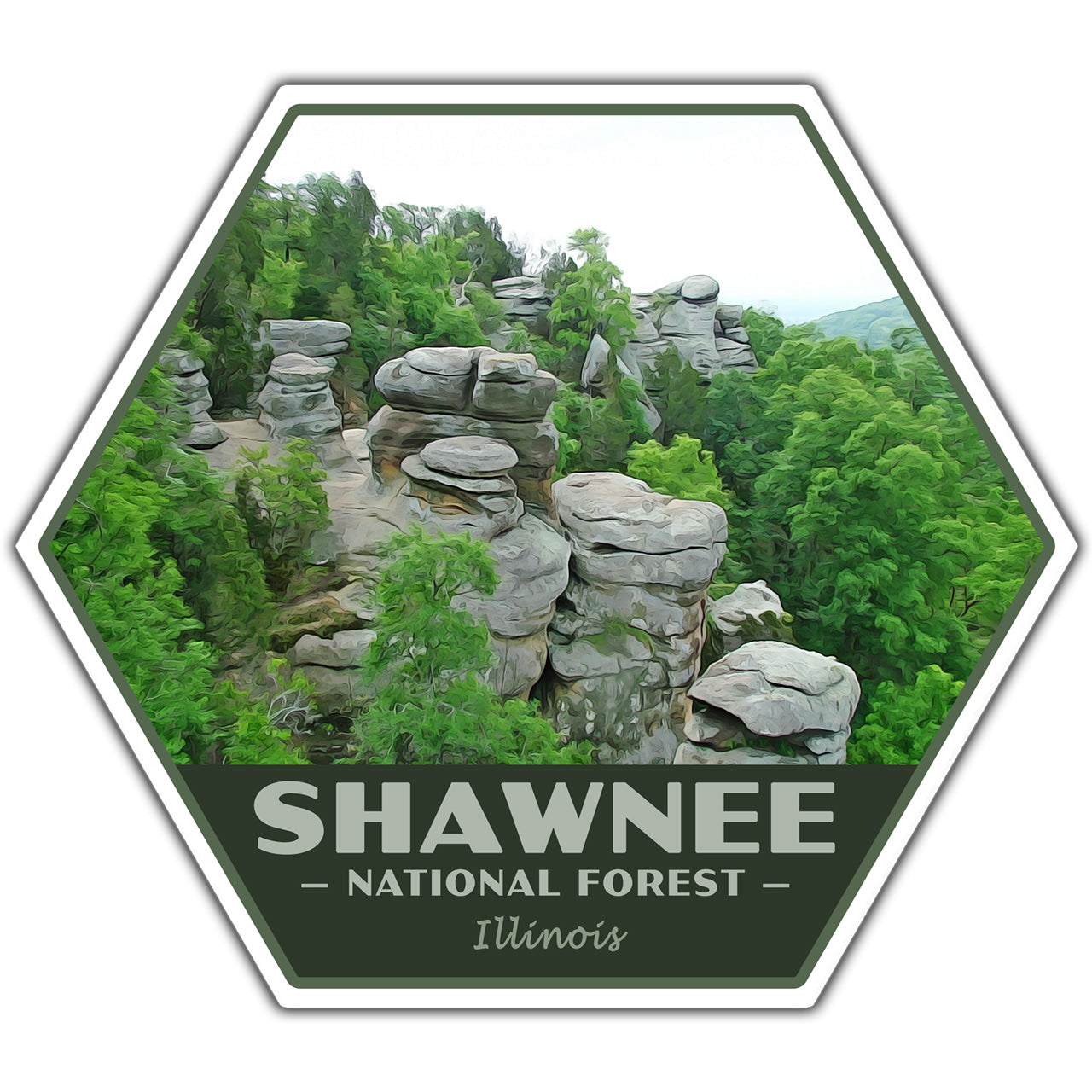 Hexagonal sticker with Shawnee National Forest, Illinois landscape and text.