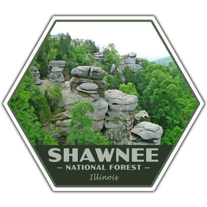 Hexagonal sticker with Shawnee National Forest, Illinois landscape and text.