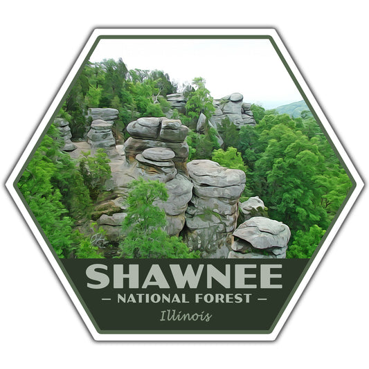 Hexagonal sticker with Shawnee National Forest, Illinois landscape and text.