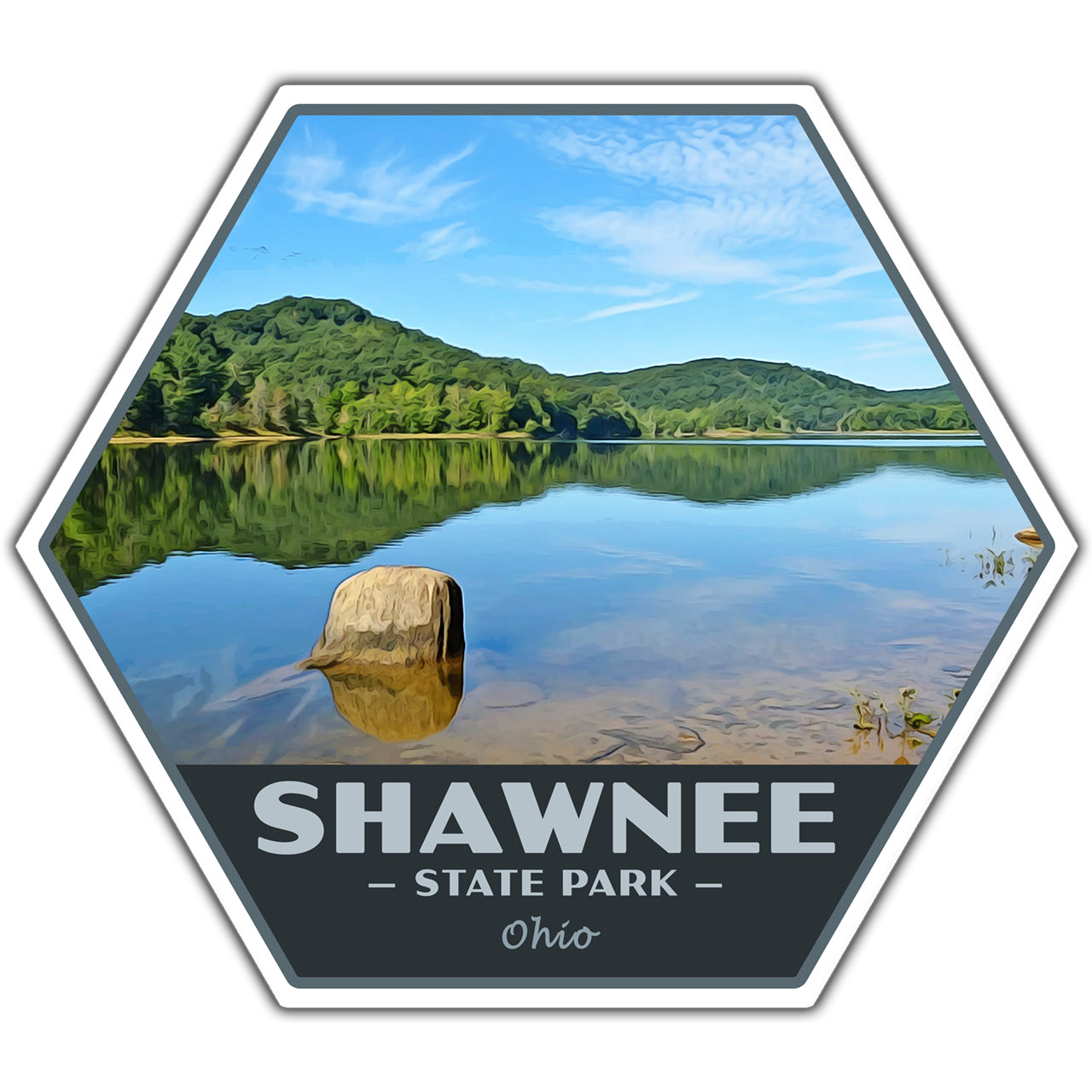 Hexagonal sticker with a scenic view of Shawnee State Park, Ohio, featuring a lake and mountains.