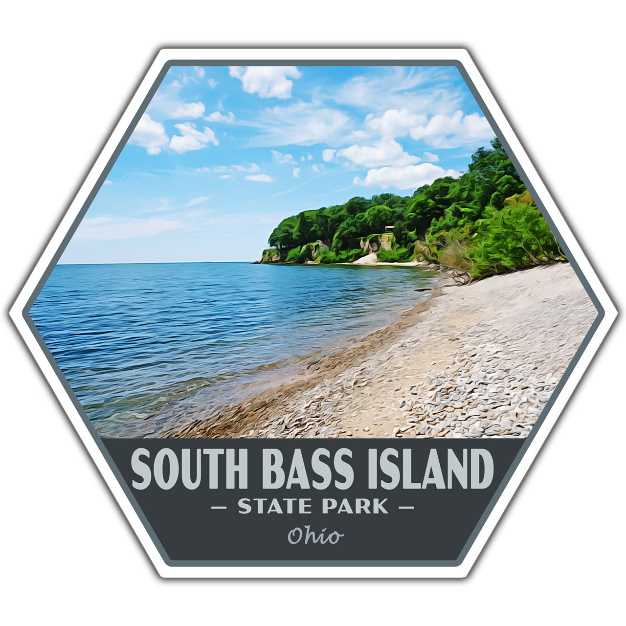 Hexagonal sticker of South Bass Island State Park with beach and trees on a white background