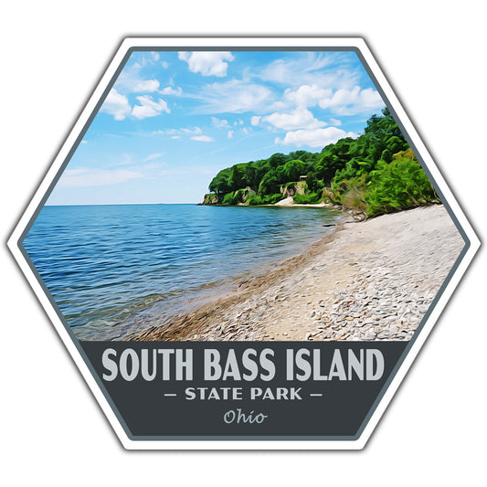 Hexagonal sticker of South Bass Island State Park with beach and trees on a white background