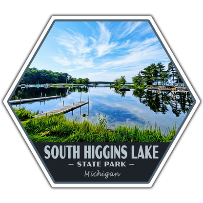 Hexagonal sticker of South Higgins Lake State Park with a scenic lake view and dock.