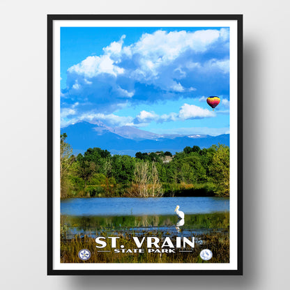 poster of St. Vrain State Park with a lake, trees, and a hot air balloon.