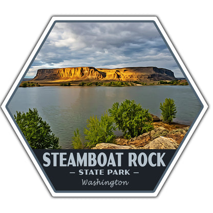 Hexagonal sticker with Steamboat Rock State Park, Washington landscape and text.