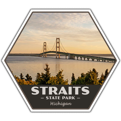 Hexagonal sticker with a bridge over water and trees, labeled 'Straits State Park, Michigan'.