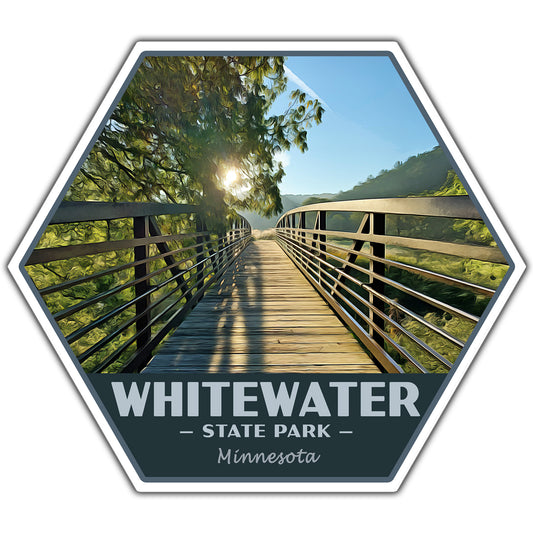 Hexagonal sticker of a wooden bridge in Whitewater State Park, Minnesota with scenic background.