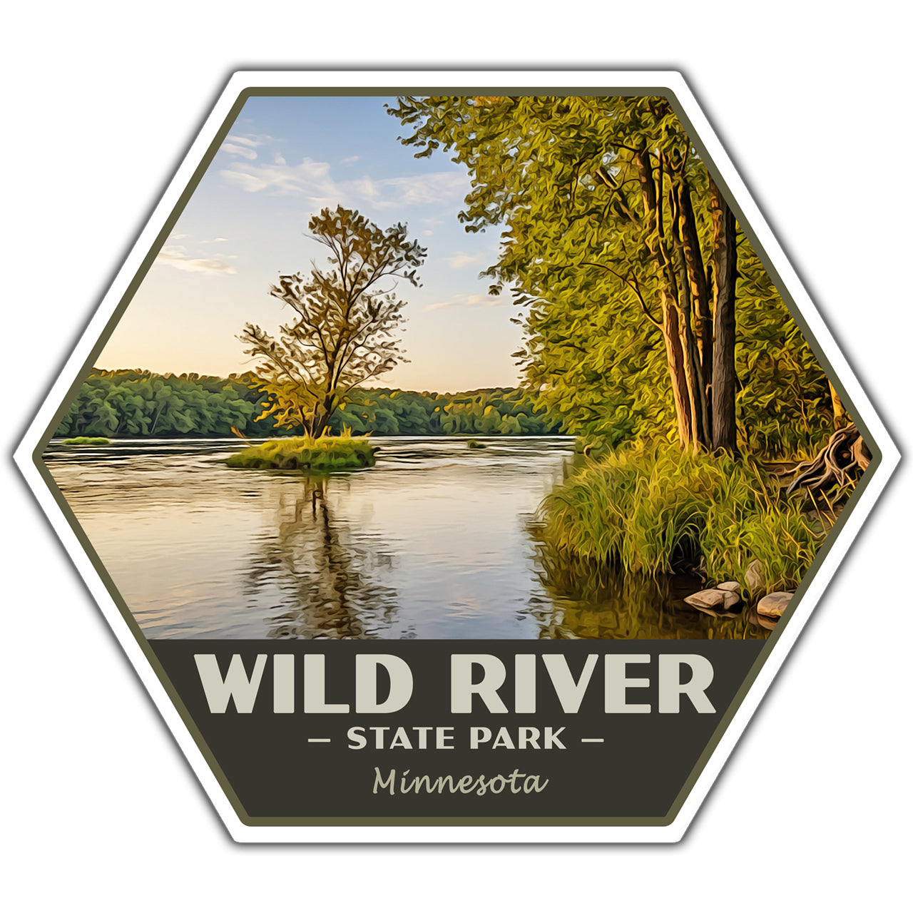 Hexagonal sticker of Wild River State Park in Minnesota with a scenic lake and trees.