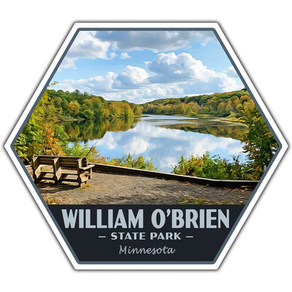 Hexagonal sticker of William O'Brien State Park with a bench and lake view.