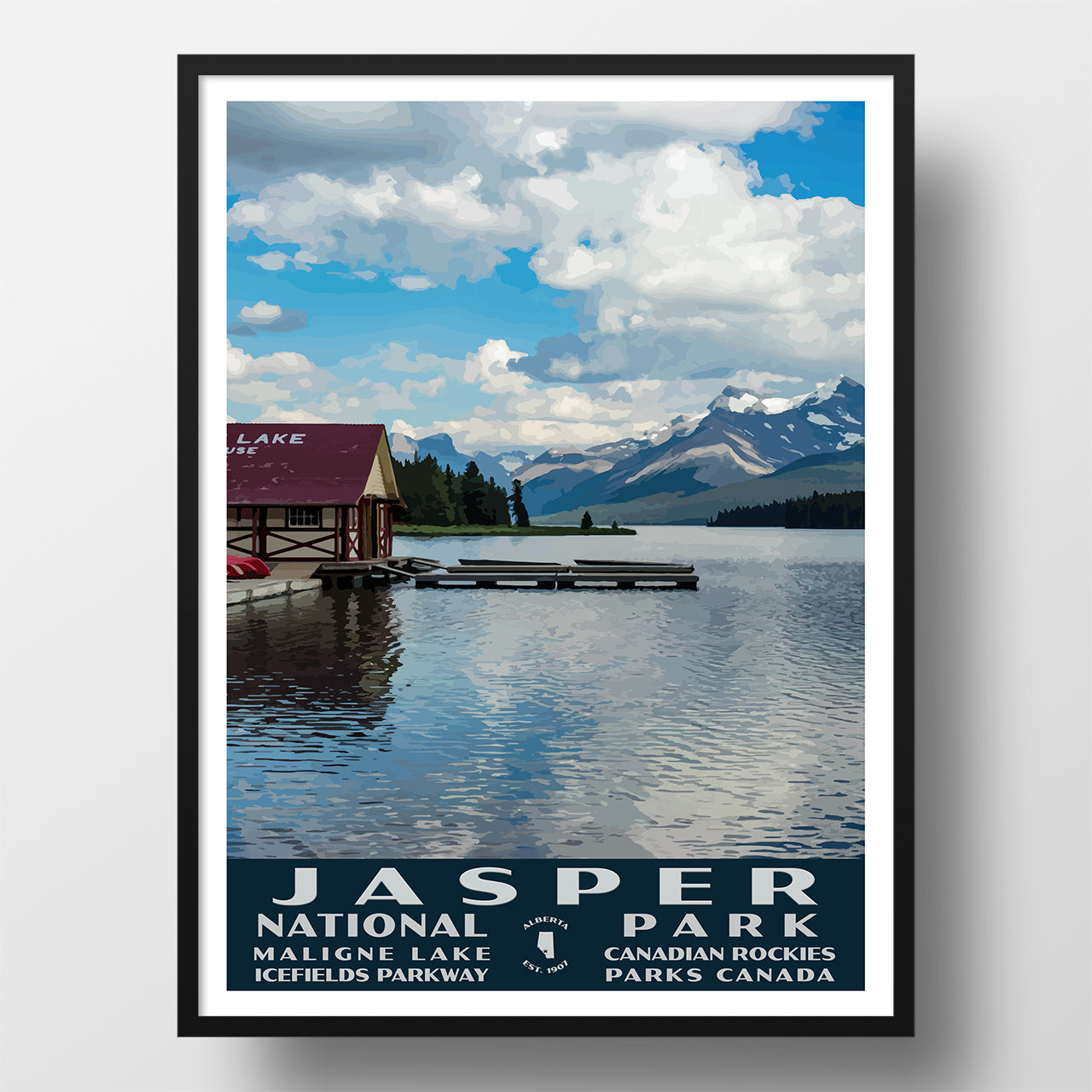 Jasper National Park Poster, Maligne Lake, WPA Style