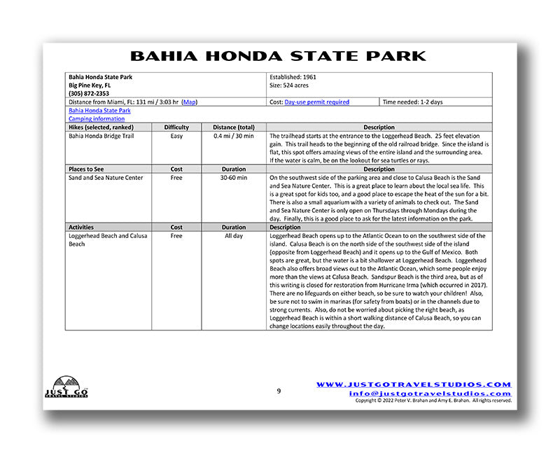 Bahia Honda State Park Itinerary (Digital Download)