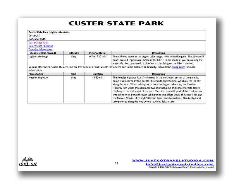 Custer State Park Itinerary (Digital Download)