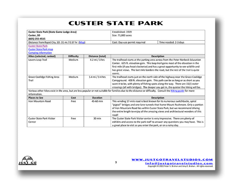 Custer State Park Itinerary (Digital Download)
