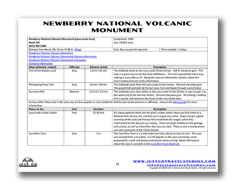 Newberry Volcanic National Monument Itinerary (Digital Download)