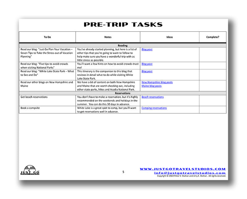 White Lake State Park Itinerary (Digital Download)