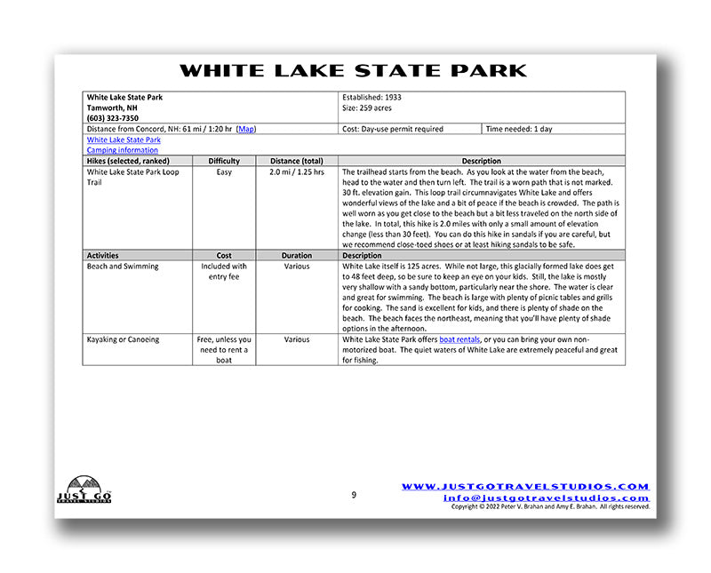 White Lake State Park Itinerary (Digital Download)