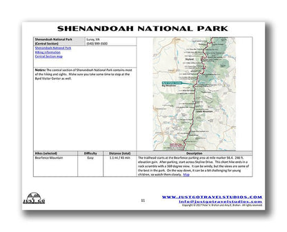 Shenandoah National Park Itinerary (Digital Download)