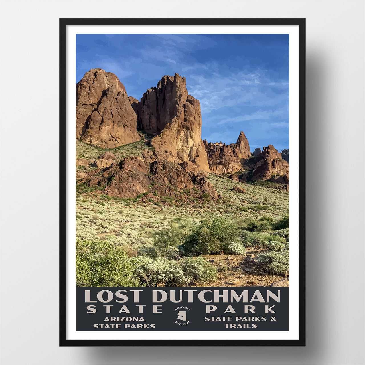 Lost Dutchman State Park Poster-WPA (Blue Sky)