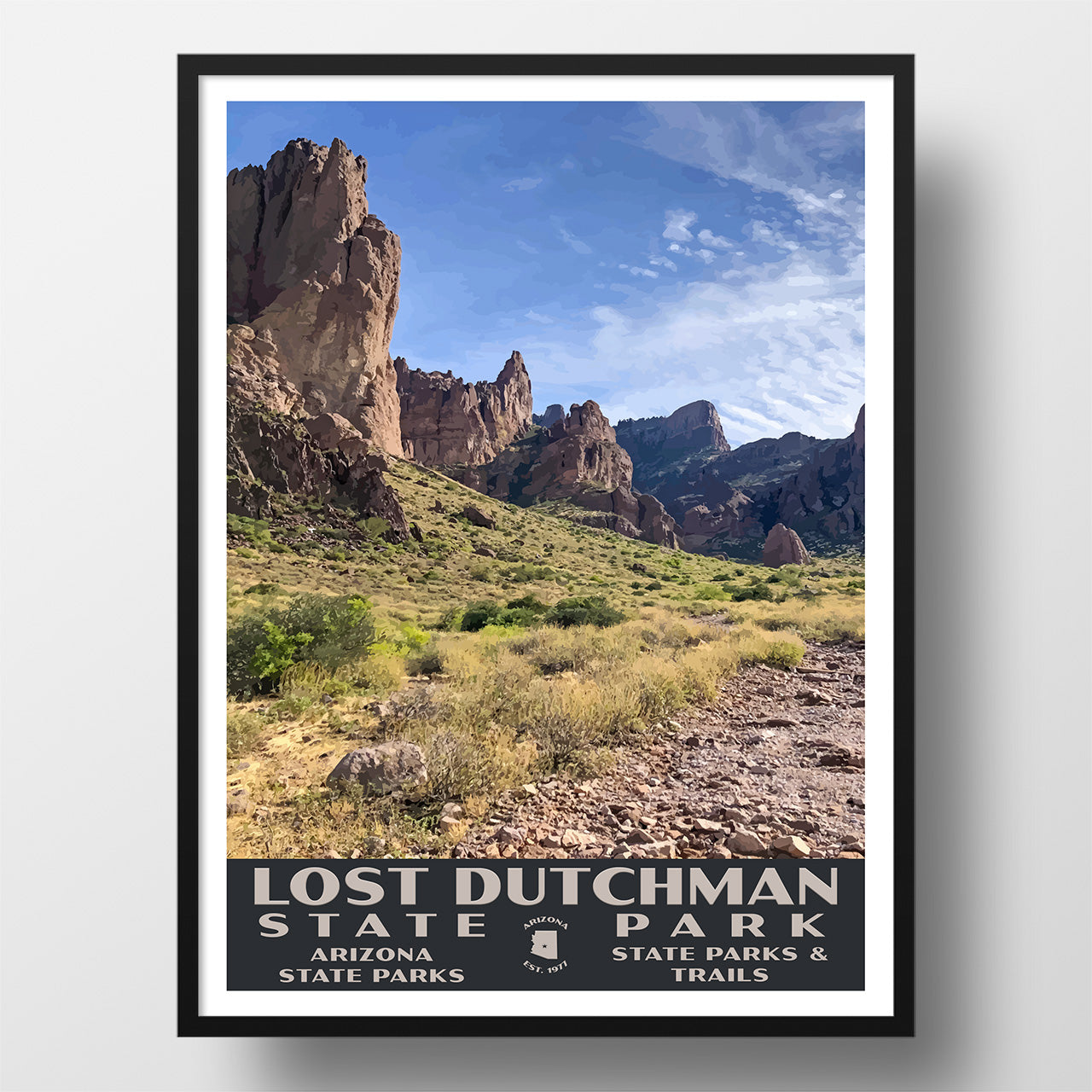 Lost Dutchman State Park Poster-WPA (Path with Blue Sky)