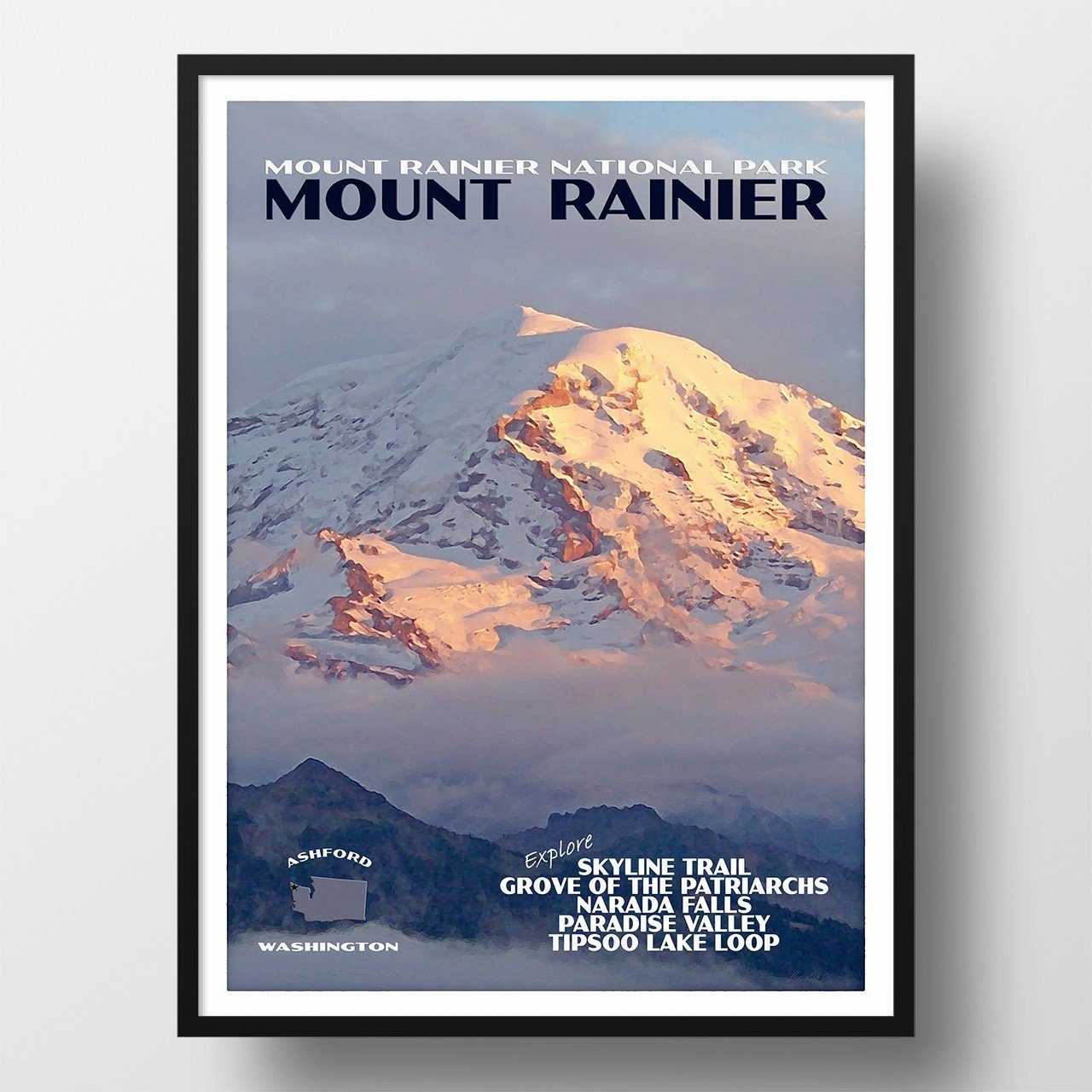 Mount Rainier National Park Poster-Mount Rainier in Winter