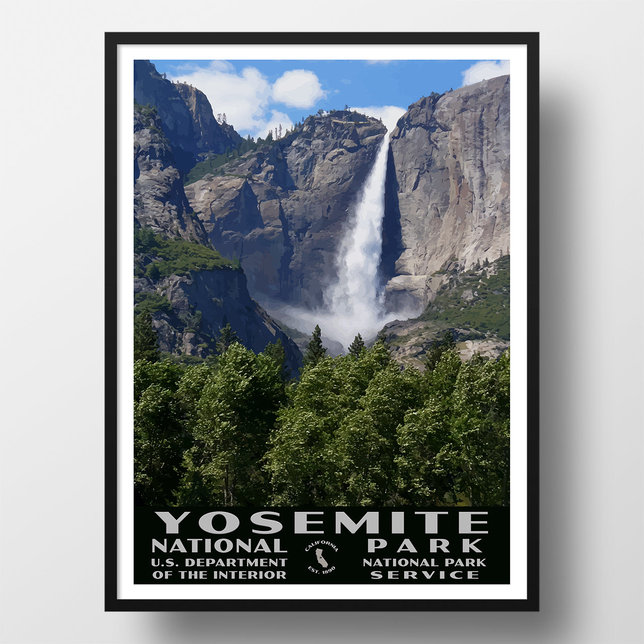 Yosemite falls national park poster, wpa style